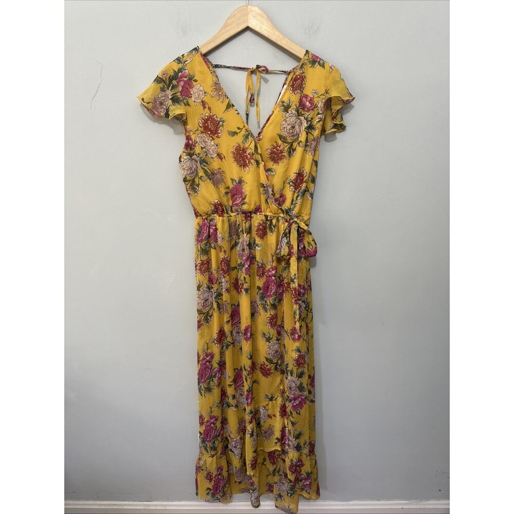 Band of Gypsies Dress Medium Yellow Floral Maxi Faux Wrap Garden Party Fairy - Picture 2 of 12